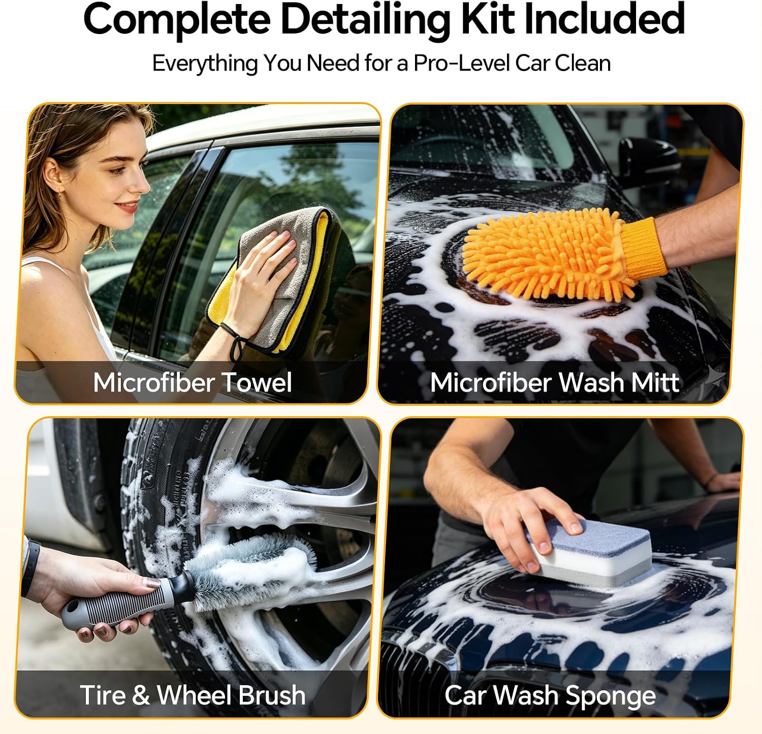 7-in-1 Car Wash Kit with 20L Collapsible Bucket & Brush – Car Wash Mop with Long Handle, 15° Curved Aluminum Pole for SUV Roof, Car Washing Brushes & Cleaning Supplies, RVs-Yellow.