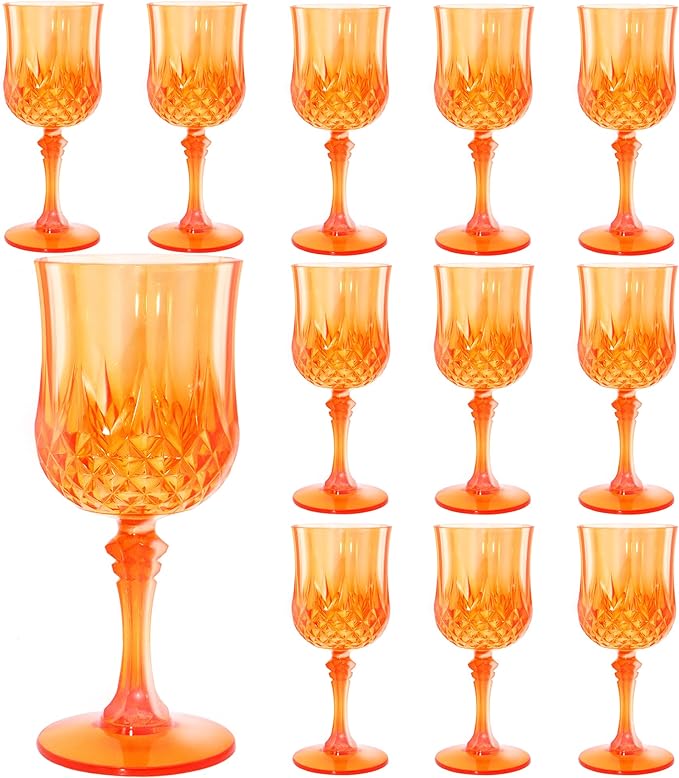 Plastic Wine Glasses，Plastic Goblets Vintage Style Cordial Drinking Glasses for Wedding Reception, Halloween Grand Event Party Supplies (12, Pumpkin orange) (12Pack)