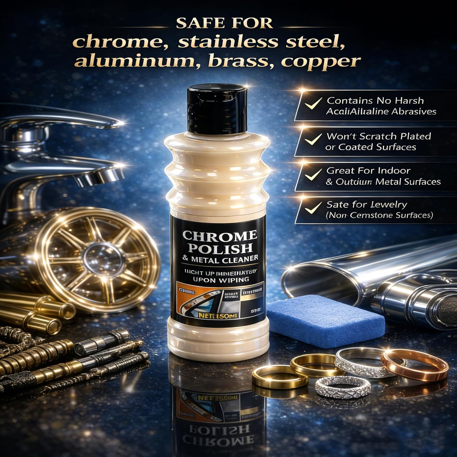 Chrome Polish & Metal Cleaner for Cars 5.07 fl oz, Rust Remover for Metals | Cleans & Restores Aluminum, Stainless Steel, Golf Clubs, Silver, Brass, Copper & Jewelry. 180-Day Shine Paint Protection.