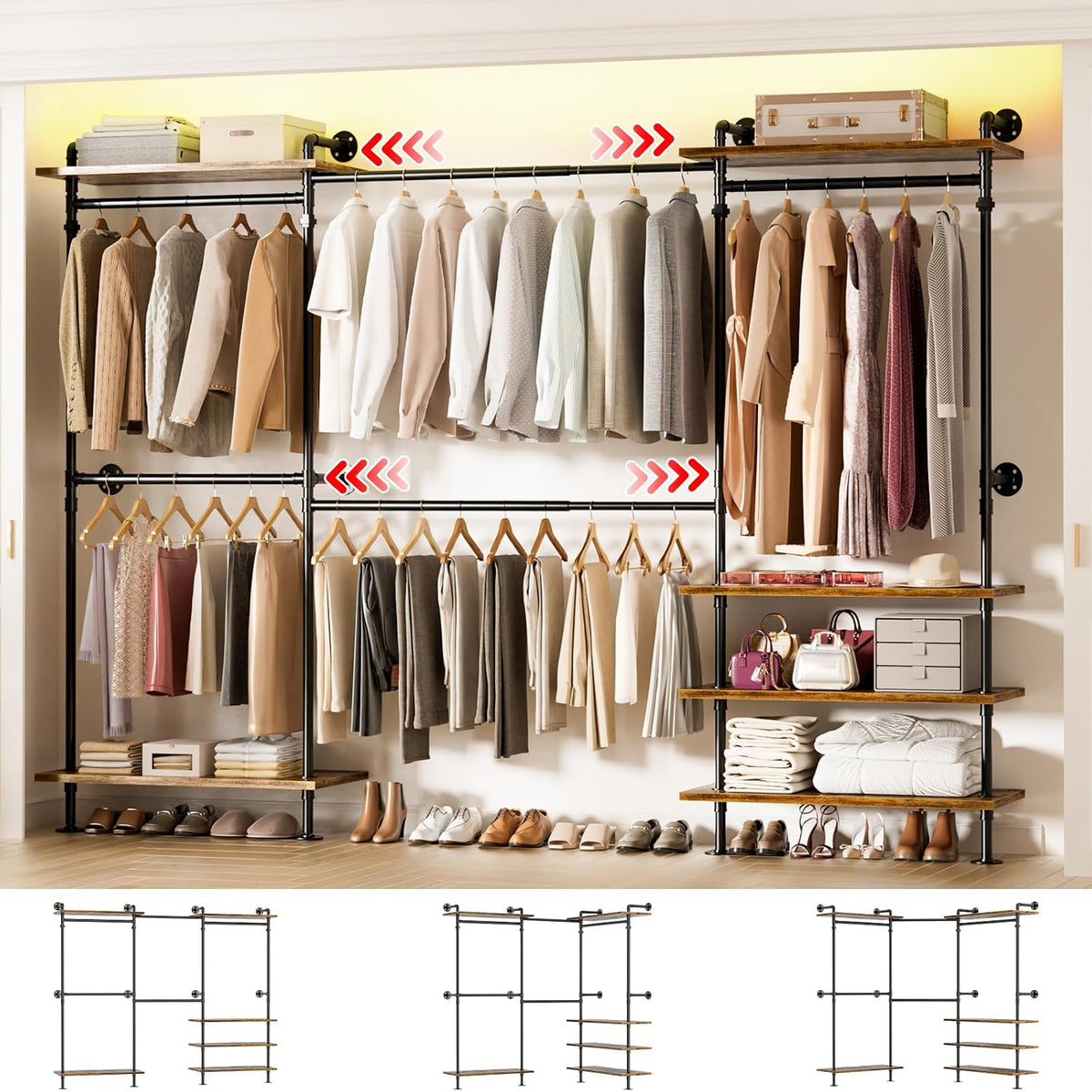 aheaplus industrial pipe clothing rack, expandable garment rack, main product view