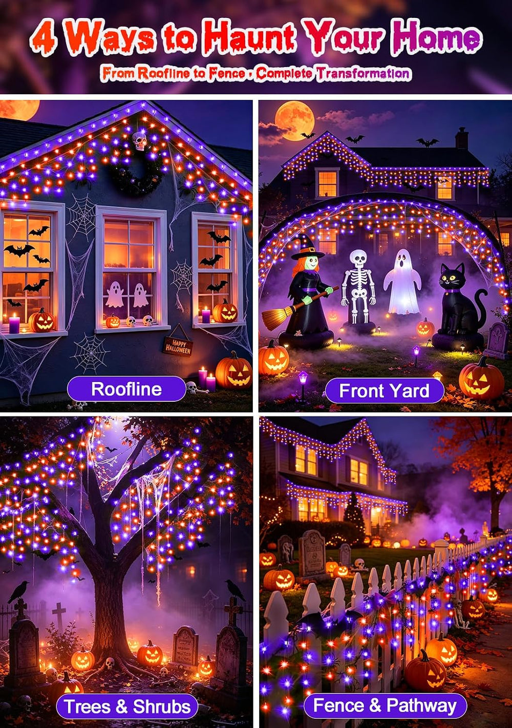 66FT 640LED Orange Purple Halloween Lights Outdoor 8 Modes Plug-in