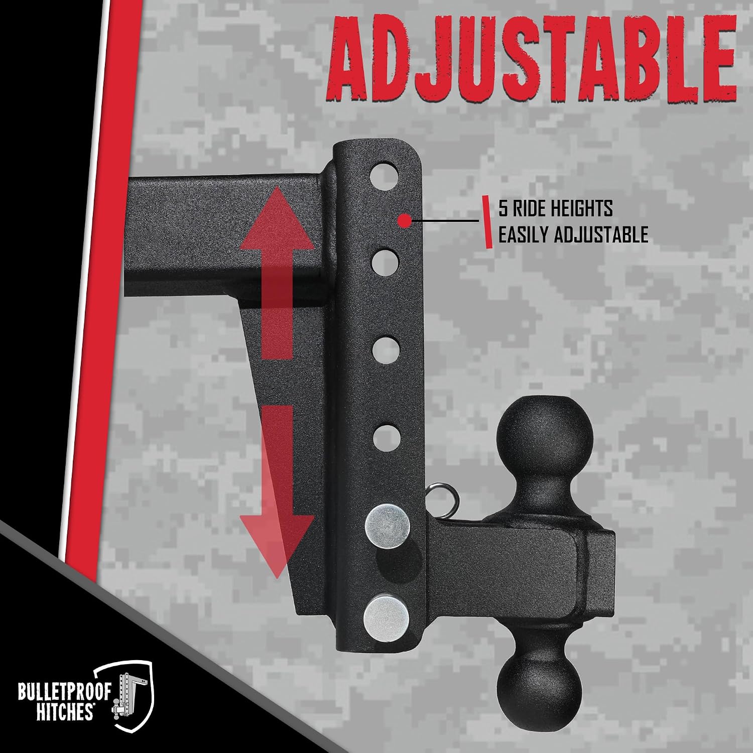 BulletProof Hitches - 2.5" Adjustable Medium Duty Trailer Hitch (14,000 lb. Rating) - 6" Drop/Rise Trailer Hitch with 2" & 2-5/16" Dual Ball - Powder Coat, Box Steel, Corrosion-Resistant