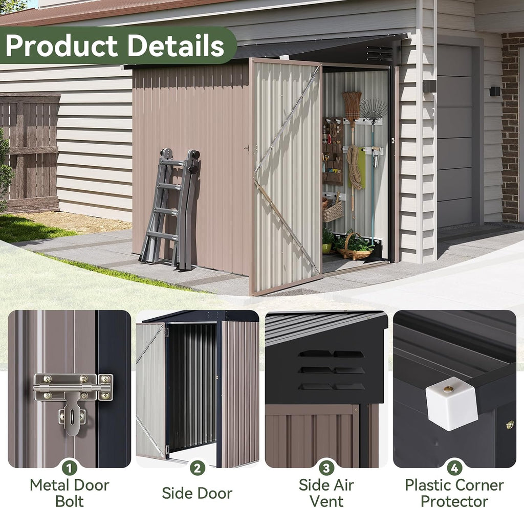 aoxun 4x6 ft lean to shed for backyard,brown, side view