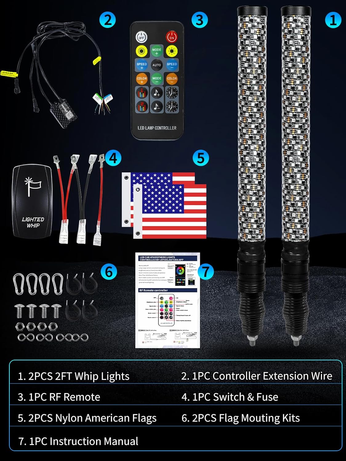 2 Pack 2FT Fat Whip Lights, LED Whip Lights with App & Remote Control, Spiral RGB Chasing Lighted Antenna Whips with Rocker Switch, Music Whip Light for SXS UTV ATV RZRCan-Am X3 Off-Road