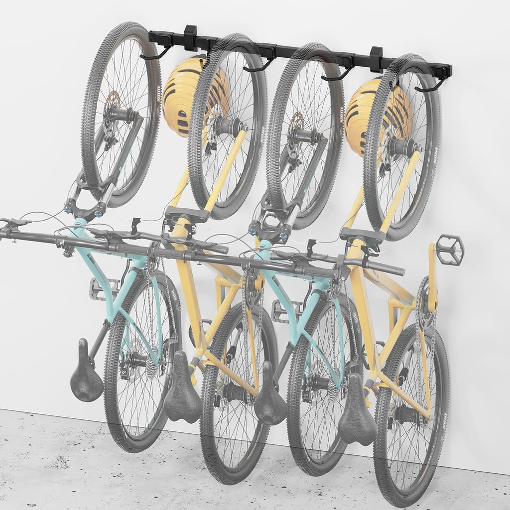 monTEK Enhanced Bike Storage Rack, Adjustable 4-Bike and 2-Helmet Hangers