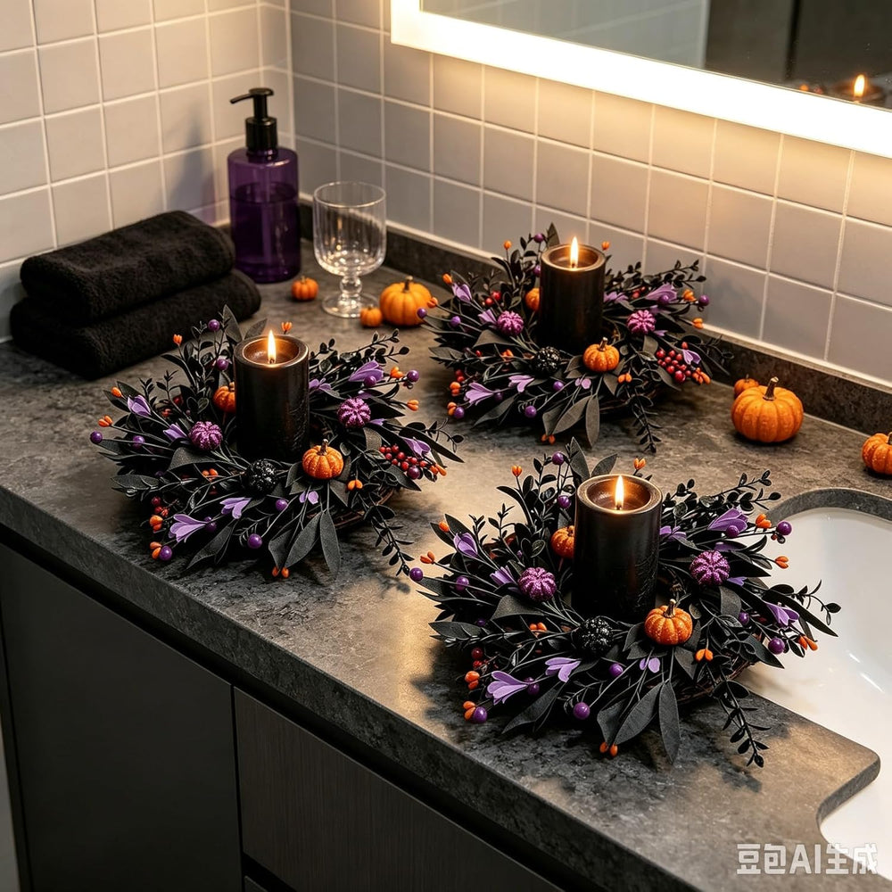 6 Pcs Halloween Mini Candle Ring Wreaths for Cabinets Small Pillar Candle Hol...