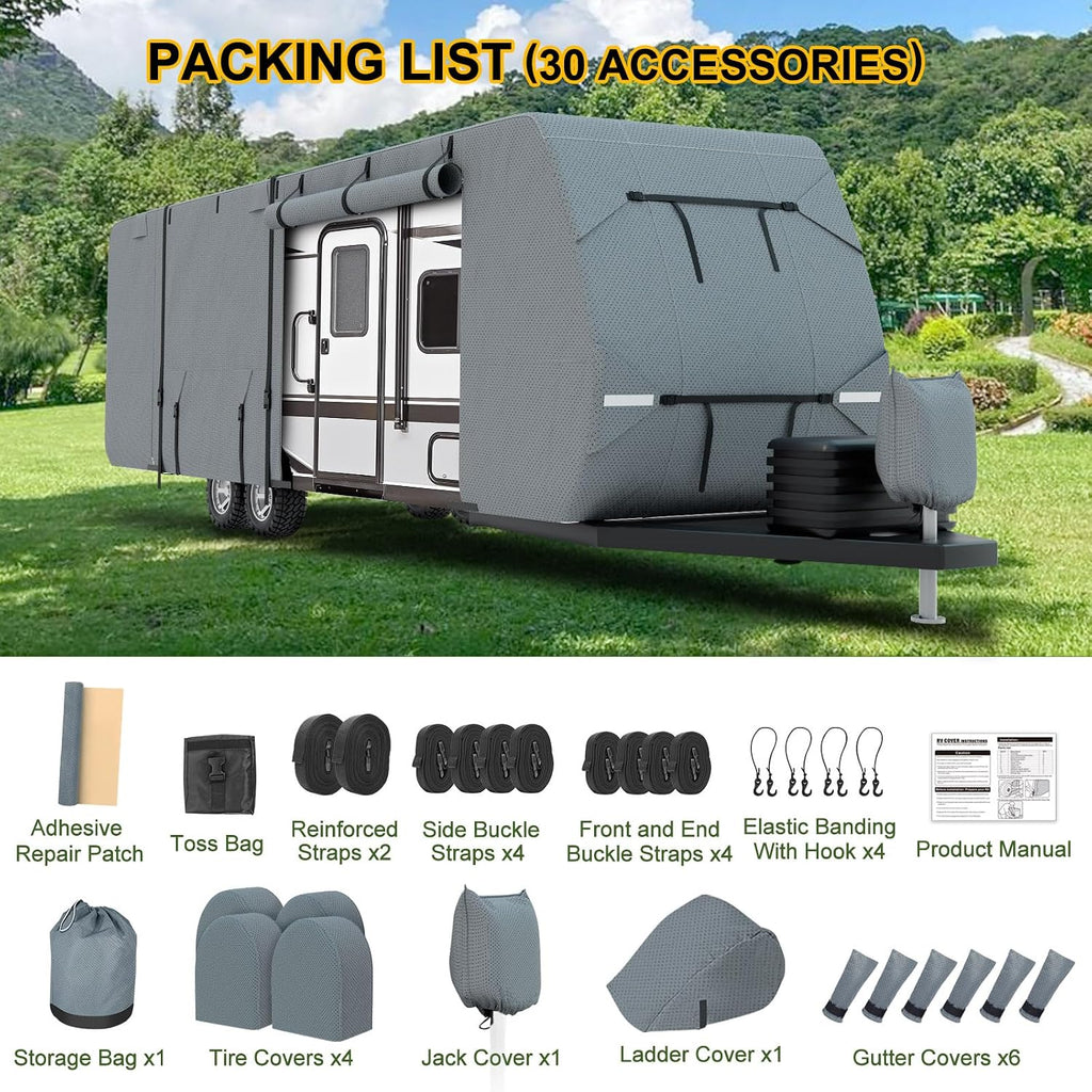 RV Cover 22-24ft, Travel Trailer Heavy Duty Extra-Thick 8 Layers Anti-UV Waterproof Windproof Camper Cover with Tongue Jack Cover, Extra Windproof Ropes, Gutter Covers