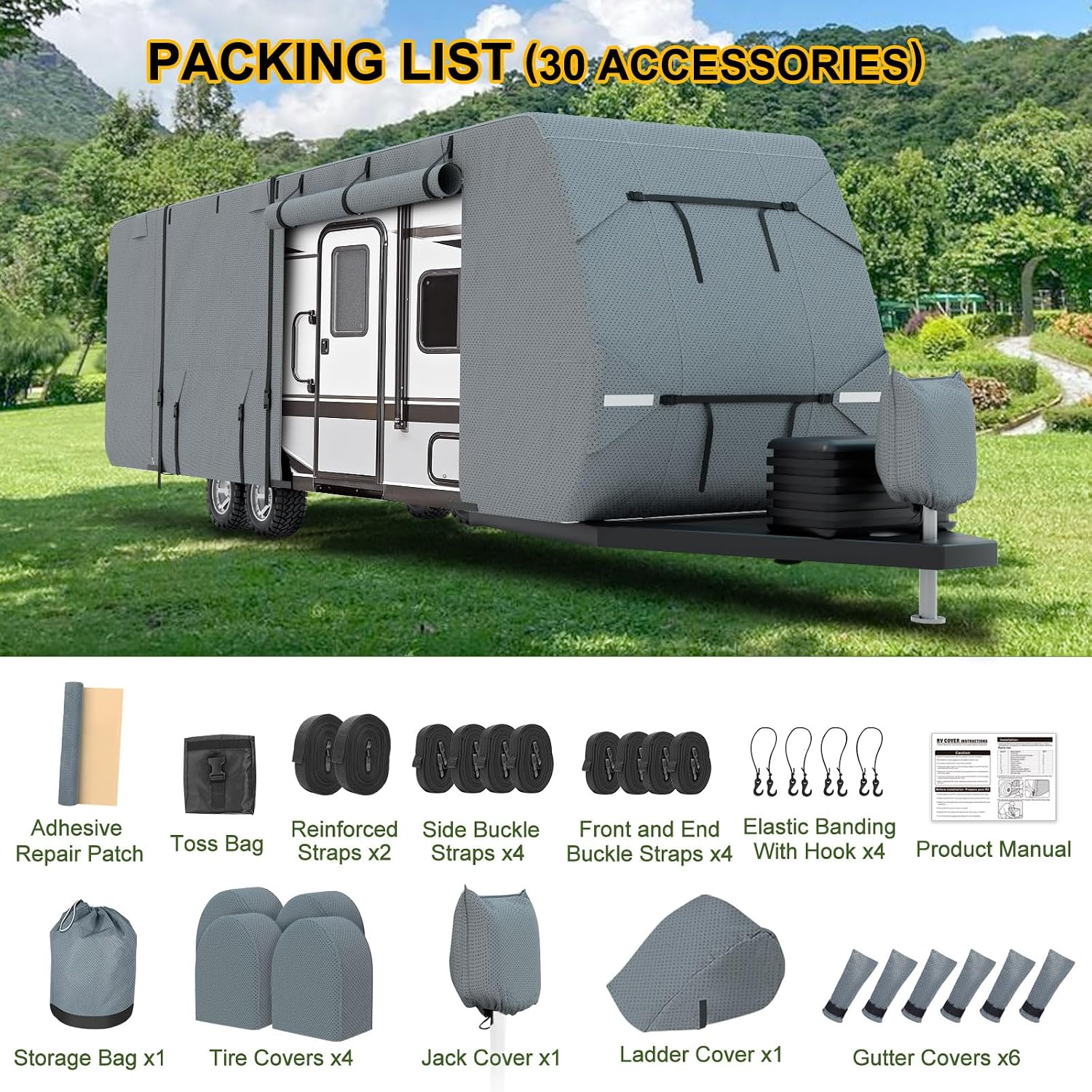 RV Cover 22-24ft, Travel Trailer Heavy Duty Extra-Thick 8 Layers Anti-UV Waterproof Windproof Camper Cover with Tongue Jack Cover, Extra Windproof Ropes, Gutter Covers