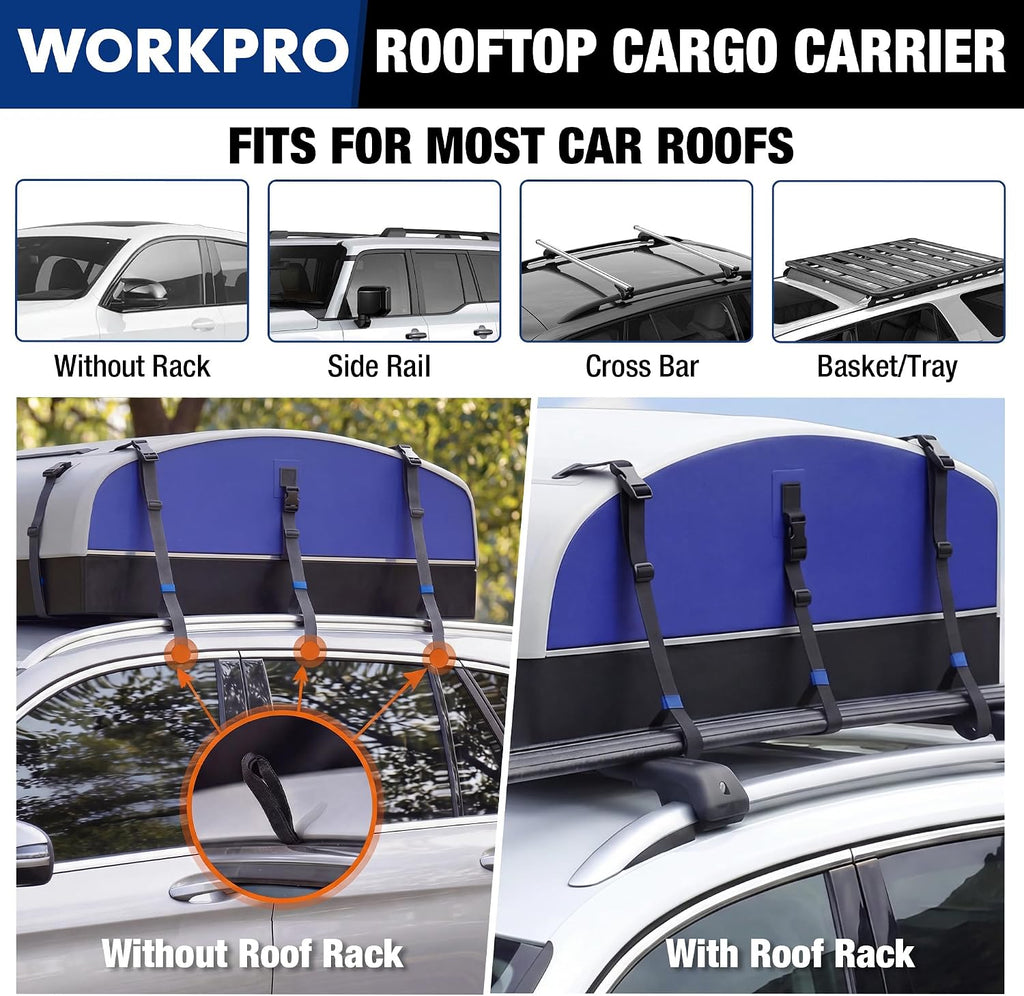 WORKPRO 21 Cubic Feet Rooftop Cargo Carrier Roof Bag, Waterproof Roof Rack Cargo Carrier for Vehicles with/Without Rack, Heavy Duty 840D PVC, Includes Anti-Slip Mat, 6 Door Hooks and Storage Bag