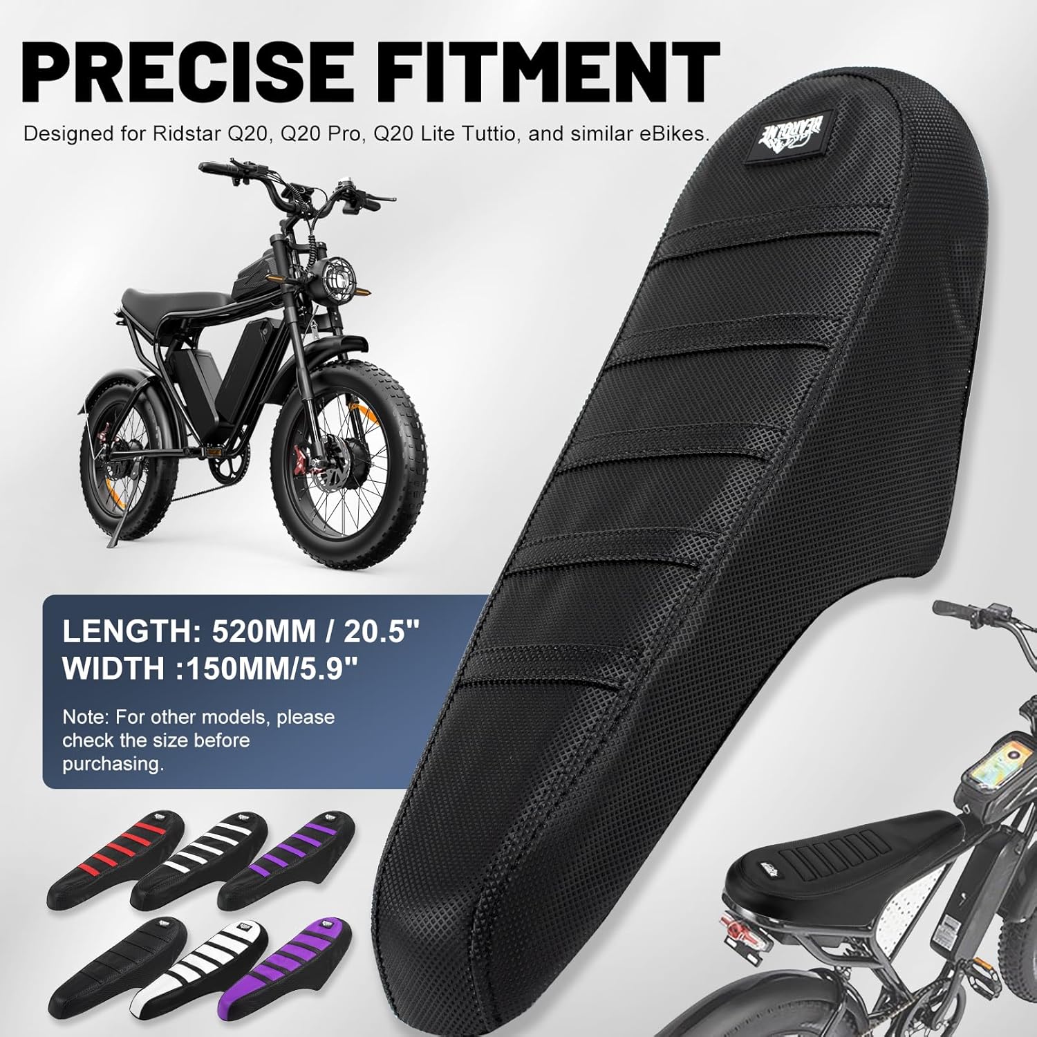 Ebike Seat Cover Upgraded for Ridstar Q20/Q20 pro EBikes Waterproof Non-Slip Seat Cover with Elastic Strap Seat Covers for Electric Dirt Bike (Full Black)