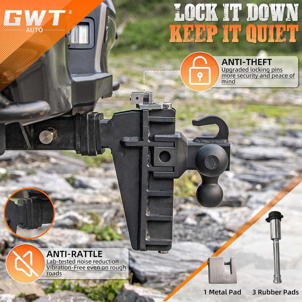 GWTAUTO Adjustable Trailer Hitch with Hook, Tri-Ball (1-7/8" x 2" x 2-5/16") Drop Hitch, Fits 2-Inch Receiver, 6 Inch Drop Hitch, 17000 LBS GTW Tow Hitch for Heavy Duty Truck, Solid Ball Mount