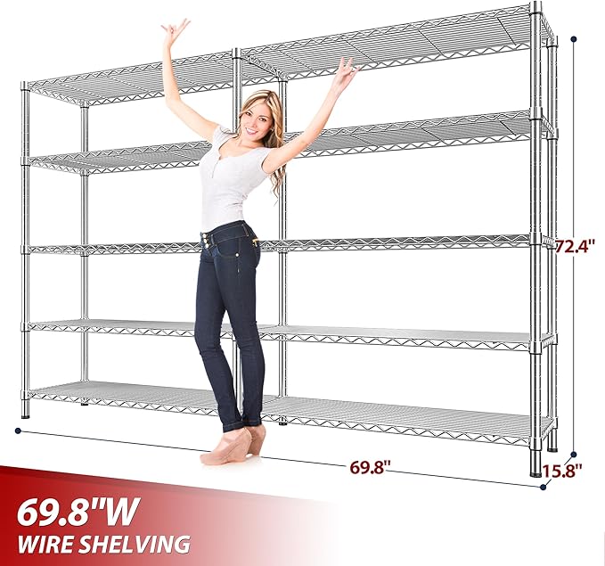 REIBII 69.8" W Storage Shelves 1510LBS Wire Shelving Unit 5 Tier Metal Shelving - Image 3