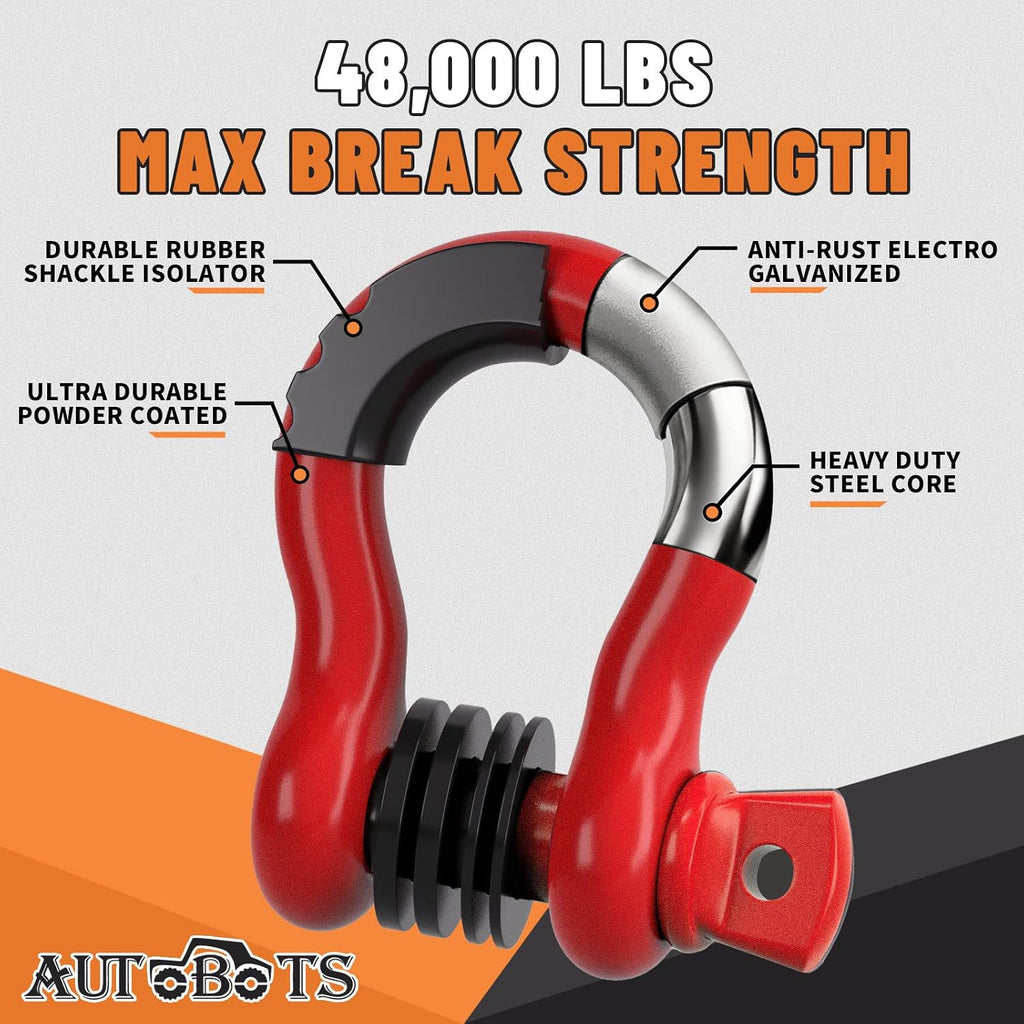 AUTOBOTS Bow Shackles 3/4" D Ring Shackle (2 Pack), 48,000Ib Break Strength with 7/8" Pin, 2 Isolator and 4 Washers Kit for Offroad Vehicle Truck Recovery Red