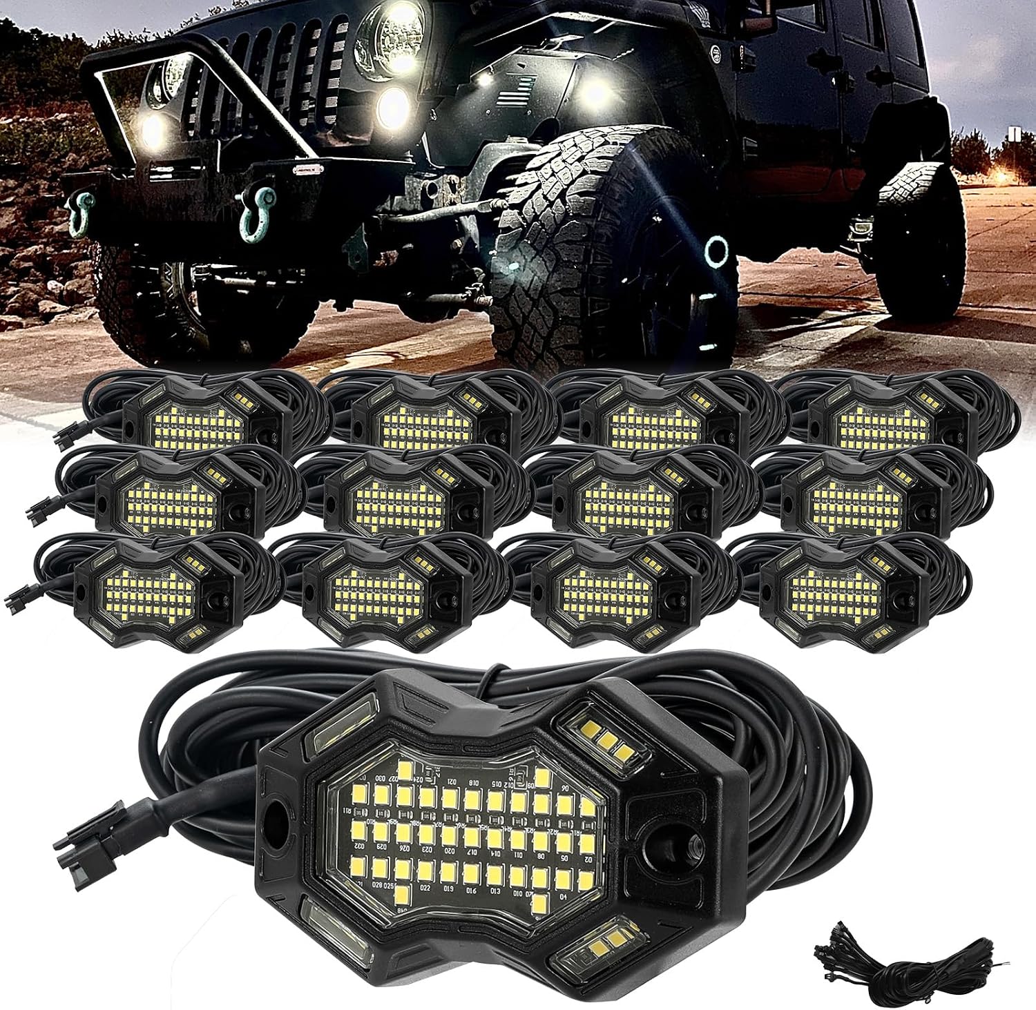 SUNPIE 12 Pods 6000K Magnetic White Rock Lights with 4M Extension Wires | Wide beam angle, includes switch wire, quick connect plugs, 49 chips, IP67, fits trucks, SUV, ATV, UTV, trailer, boats