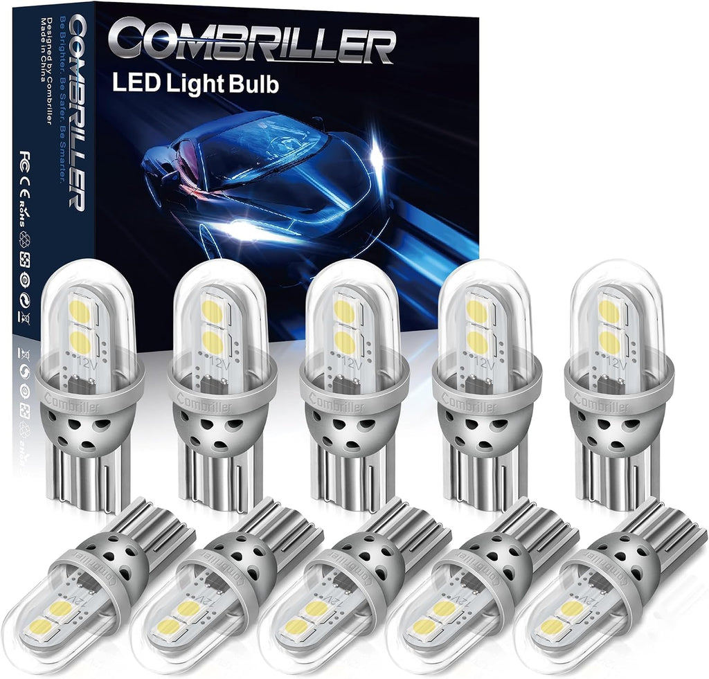 Combriller 194 LED Bulb White, 168 T10 W5W 2825 LED Bulbs with Protective Cover and Hollow-carved Heat Sink Design, Led Replacement Bulbs for Dome Map Door Courtesy Trunk Parking Lights, Pack of 10