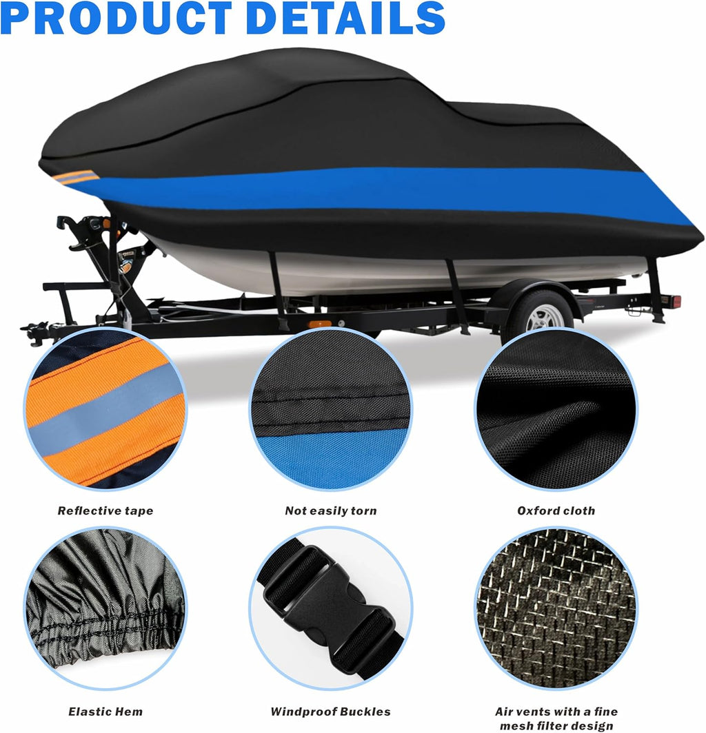 MORNYRAY Waterproof Jet Ski Cover - Heavy Duty Trailerable PWC Cover with Air Vents UV Resistant Compatible with Yamaha Seadoo K&S, Jet Ski Covers. (Blue, Fit from 115"-120" (1-3 Seater))