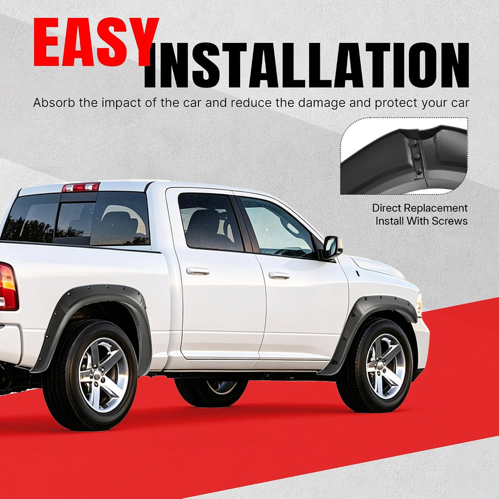 4Pcs Fender Flares Set Compatible with 2002-2009 Dodge Ram 1500 2500 3500 (Not Fit 06-09 8ft Bed Models) with Fleetside 76.3 inch Bed Pocket Riveted Front & Rear Wheel Arch Cover Protector