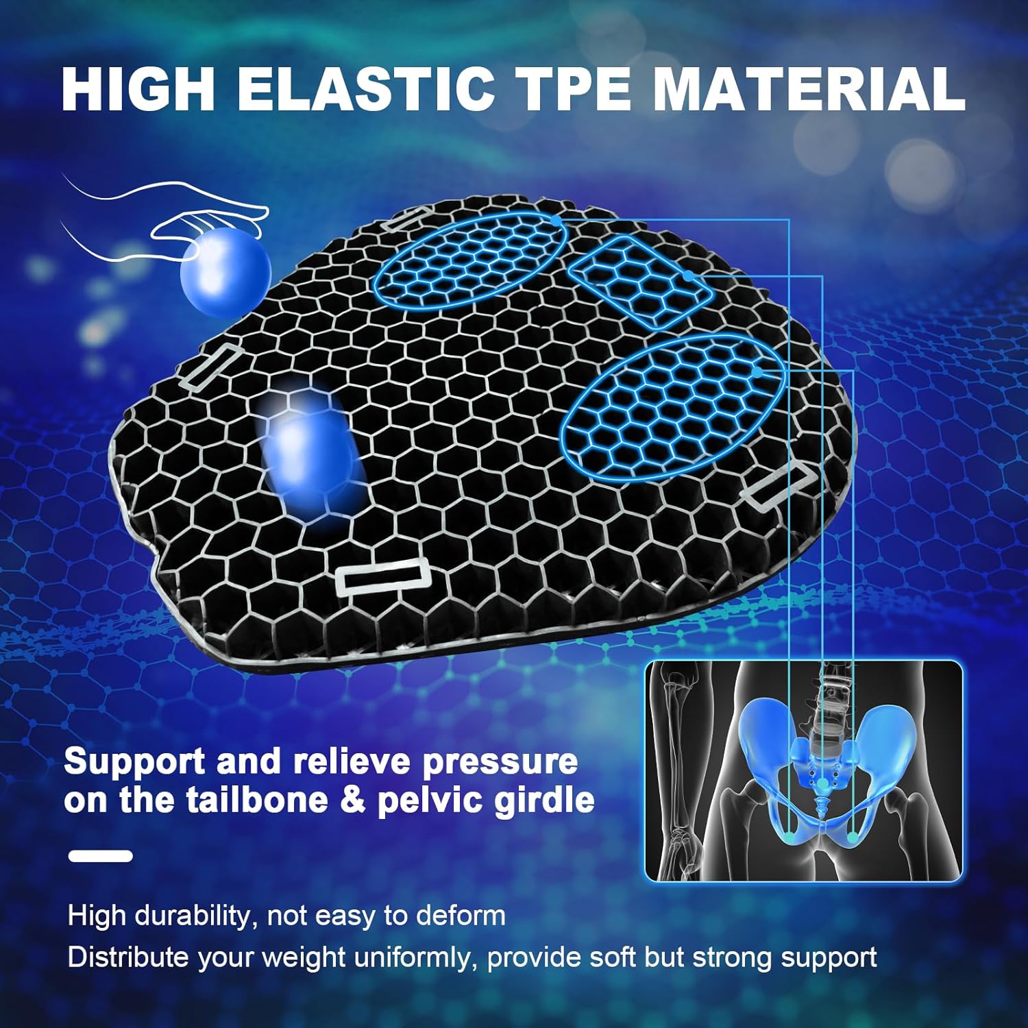 Motorcycle Seat Cushion, 3D Honeycomb Gel Pad, Pressure Relief Shock Absorption, Breathable Non-Slip Universal Cover for Long Ride, Fits Cruiser Street Touring Bike (Four Seasons)