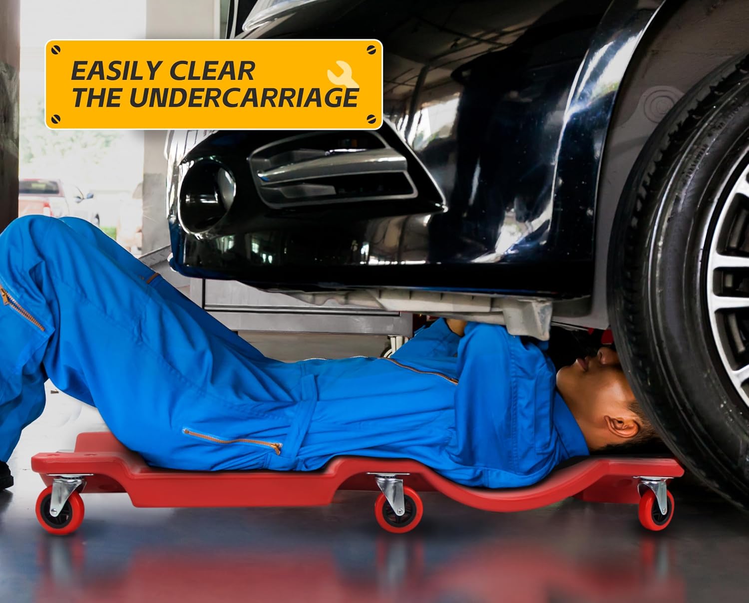 MAXWORKS 50874 40 Inch Plastic Rolling Garage Creeper with Padded Headrest and Dual Tool Trays, 300 Lbs