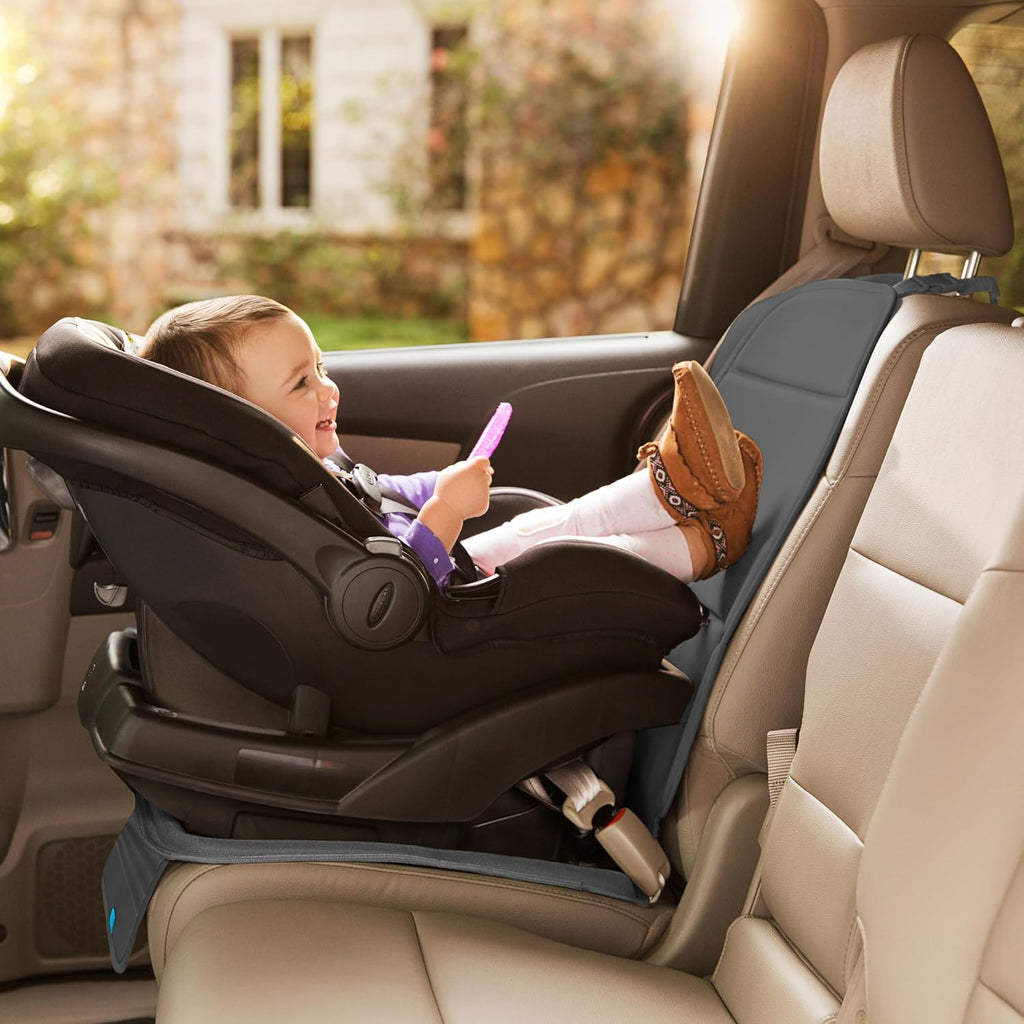 munchkin elite seat guardian car seat protector, dark shown in use