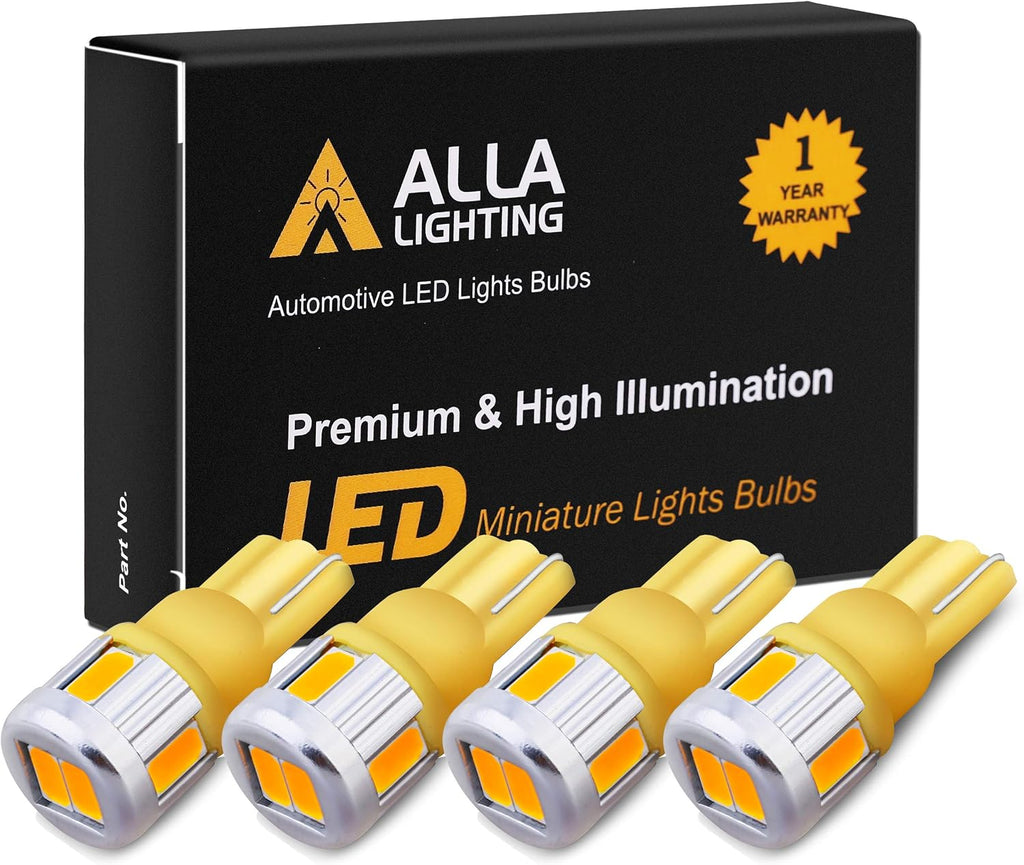 Alla Lighting 4pcs 168 194 LED Bulb, Amber Yellow Super Bright T10 Wedge Marker, Interior Map, Dome, Trunk Lights 194NA 175 168 2825 W5W 5630-SMD Upgrade