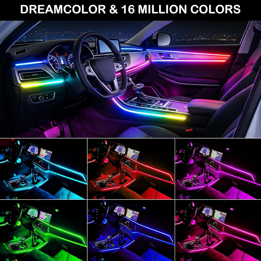 Interior Car LED Strip Lights, RGB 6 in 1 Dynamic Dreamcolor Chasing Acrylic LED Lights for Car, USB Powered Ambient Lighting Kits with Wireless APP, Sound Active Function Car Neon Lights (6 in 1)