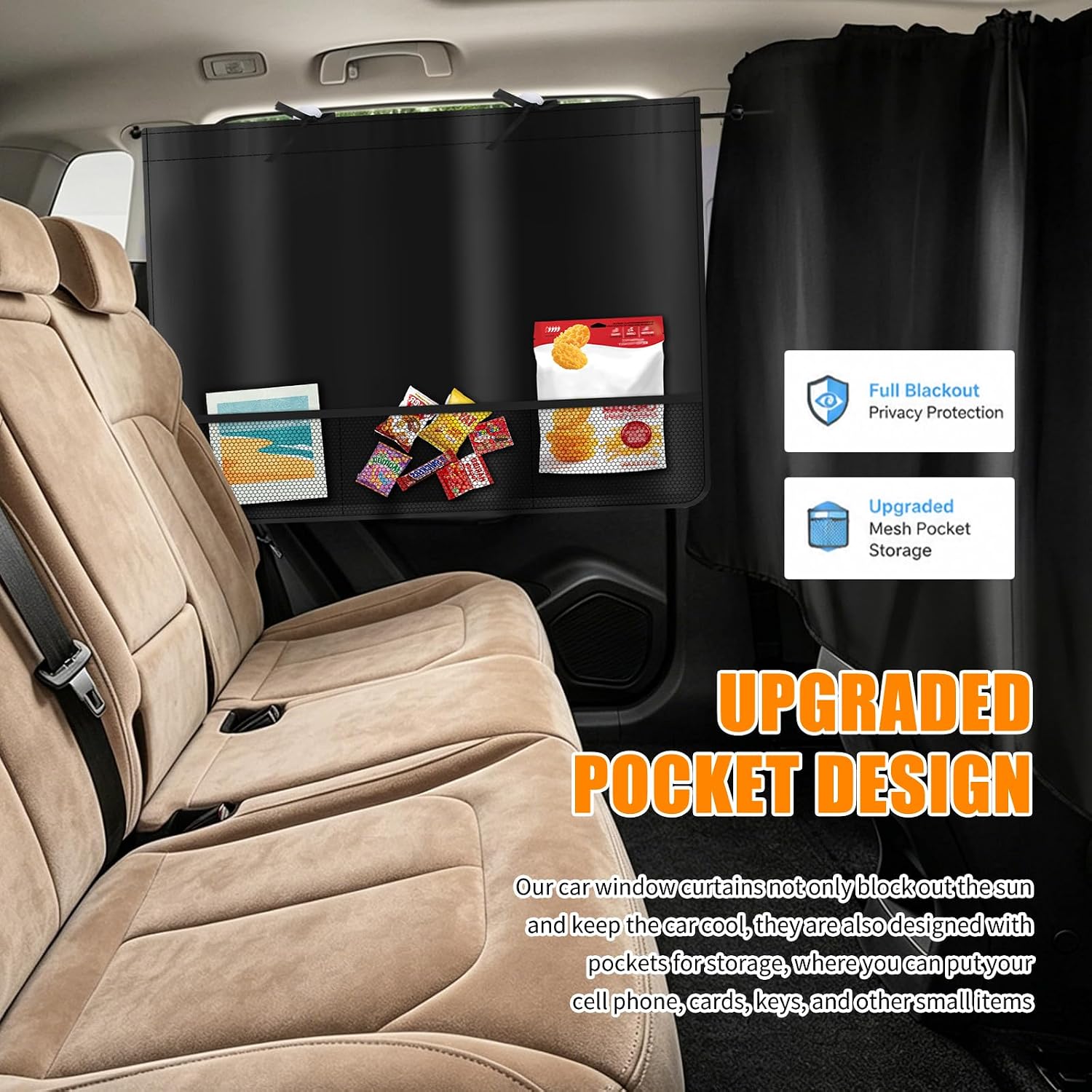 3PCS Upgraded Car Privacy Curtains Kit with Storage Pockets,Car Curtains for Windows with 2PCS Side Shade & 1PC Privacy Curtain,Universal Cars Window Shades for Sun Blocking