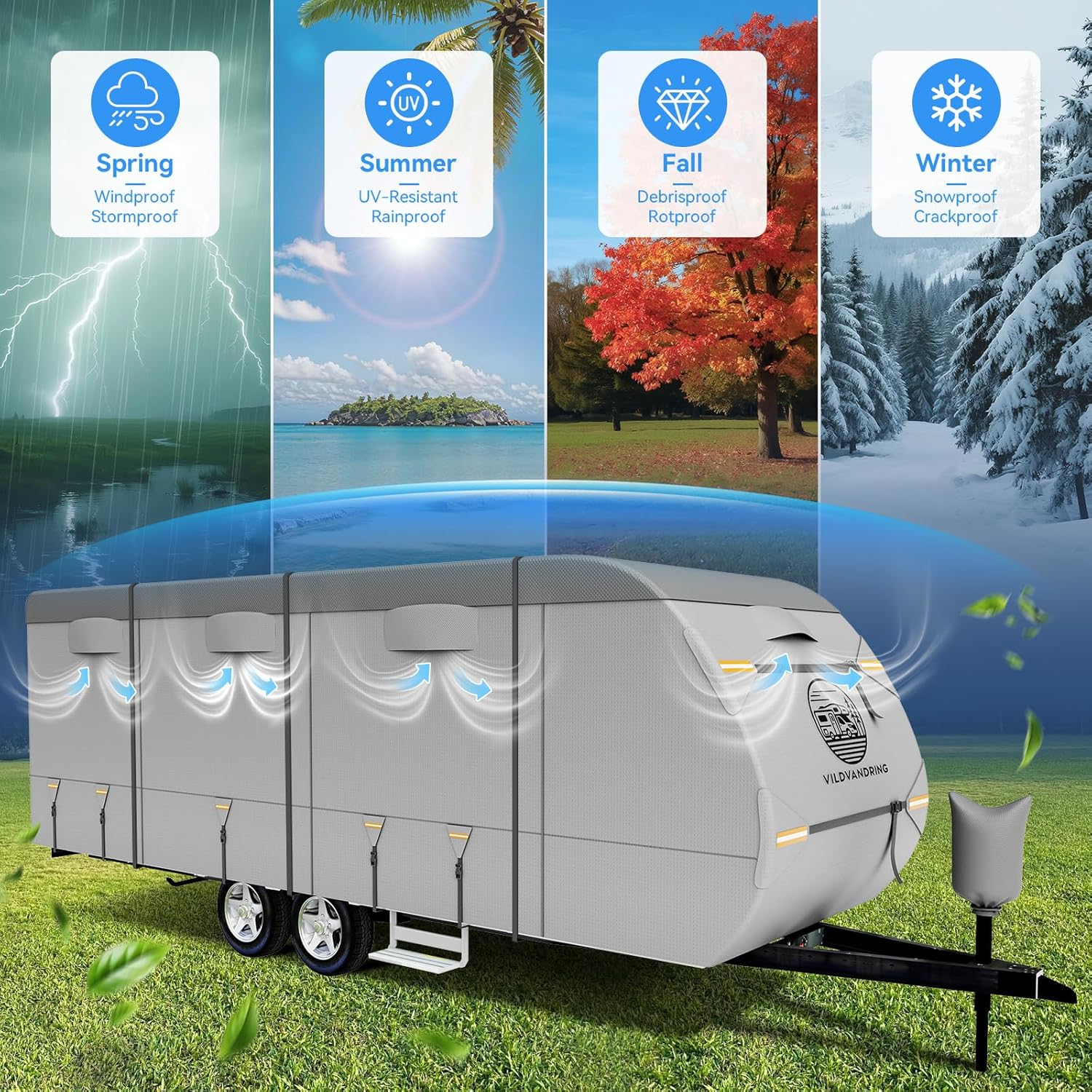 Heavy Duty Travel Trailer RV Cover 24-27ft, Rv Trailer Cover 8 Layers Breathable Waterproof Rip-Stop Camper Cover with Adhesive Repair Patches, Gutter, Tire & Additional Straps