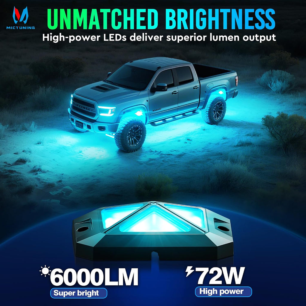 MICTUNING C4 RGBW Rock Lights Kit, 12 Pods 360° Ultra-Bright 4-Sided Wide Beam Angle Underglow Neon Accent Lighting Kit, Microphone Sync with APP Control, IP68 Waterproof