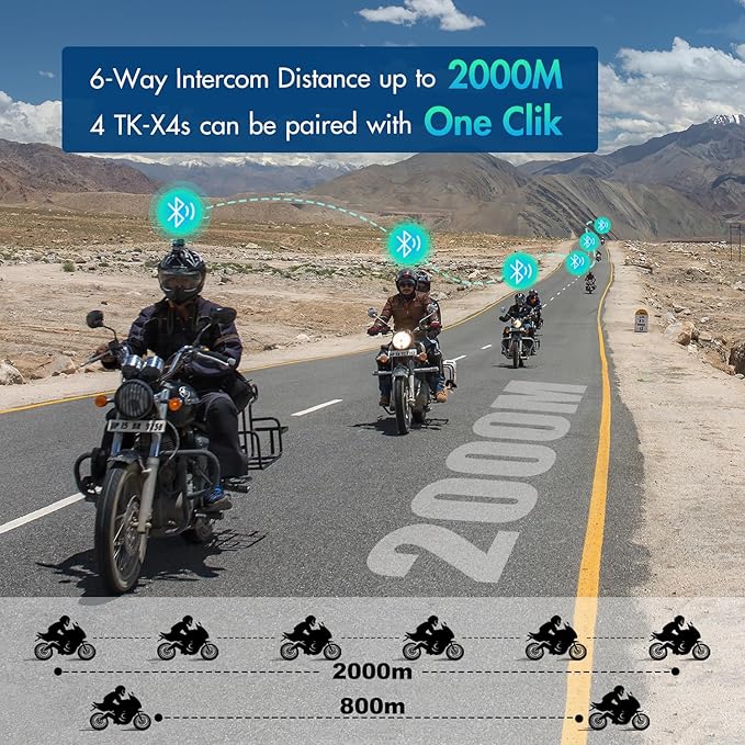 TK-X4 Motorcycle Bluetooth Headset, 6 Riders 2000m Helmet Intercom - Image 2
