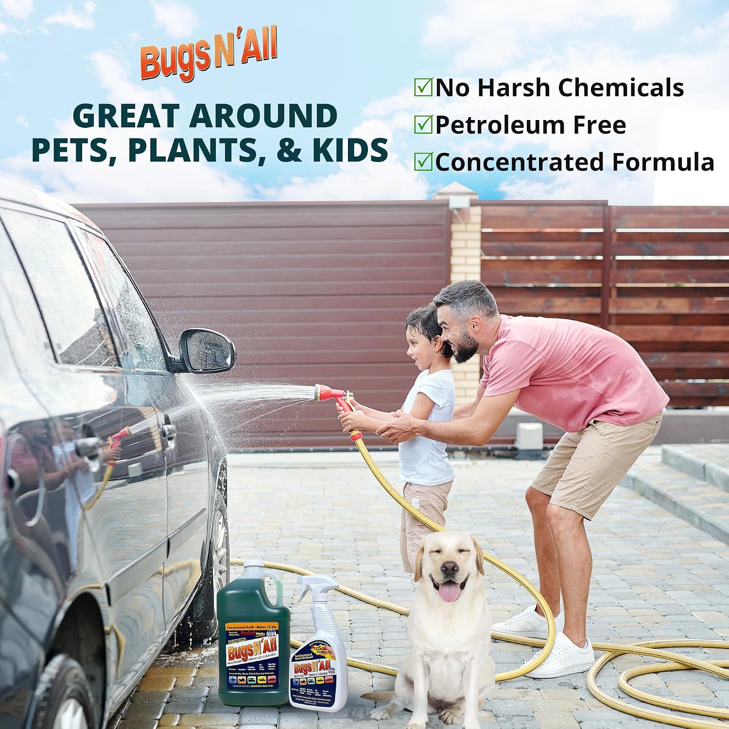 Bugs N' All Multi Surface Cleaner Spray Concentrate 1 Gal. w/Empty Cleaning Spray Bottle 32 oz. & Bug Sponge for Car Washing - Mutli-Vehicle Cleaning - Bug & Tar Remover for all Vehicles