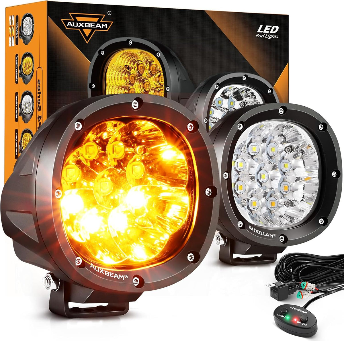 Auxbeam 6 Modes Amber White Round LED Pods, P4 Series 4 Inch 90W Flashing