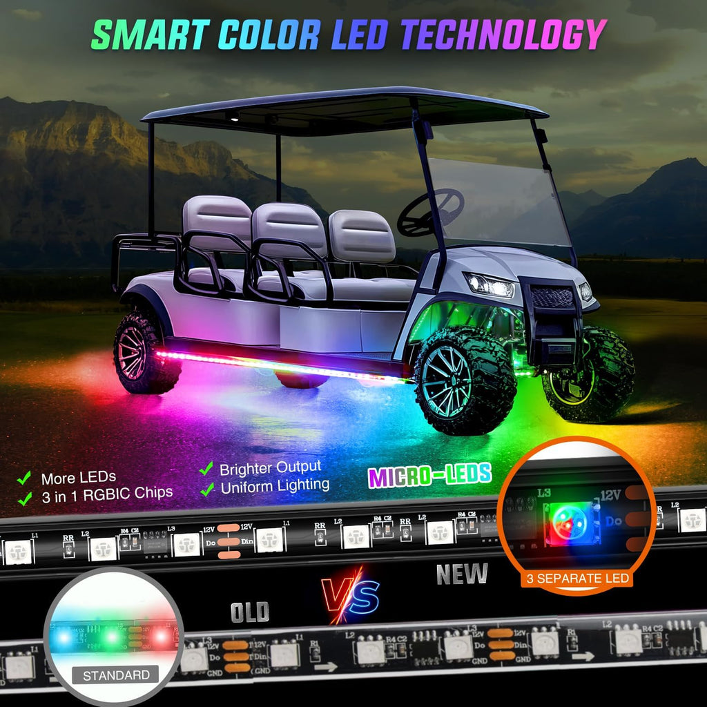 Nilight 4PCS Golf Cart Underglow LED Light Strip Dream Color Multi-Mode Neon Accent Lighting Kit APP and Remote Control Sound Active Music Sync IP67 Waterproof 12V-66V Input for EZGO Yamaha Club Car