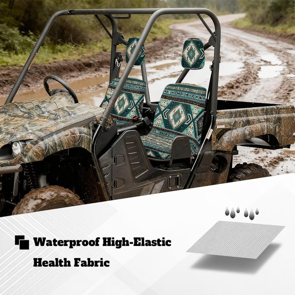 Aztec Tribal Geometric Print UTV Back Seat Covers, Machine Washable Rhino Bucket Seat Cover Stretch Polyester Fabric Protection for Rhino