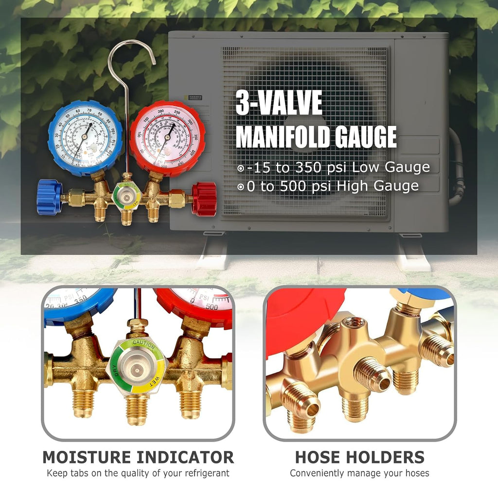 3 way ac manifold gauge set, fits for, close-up detail