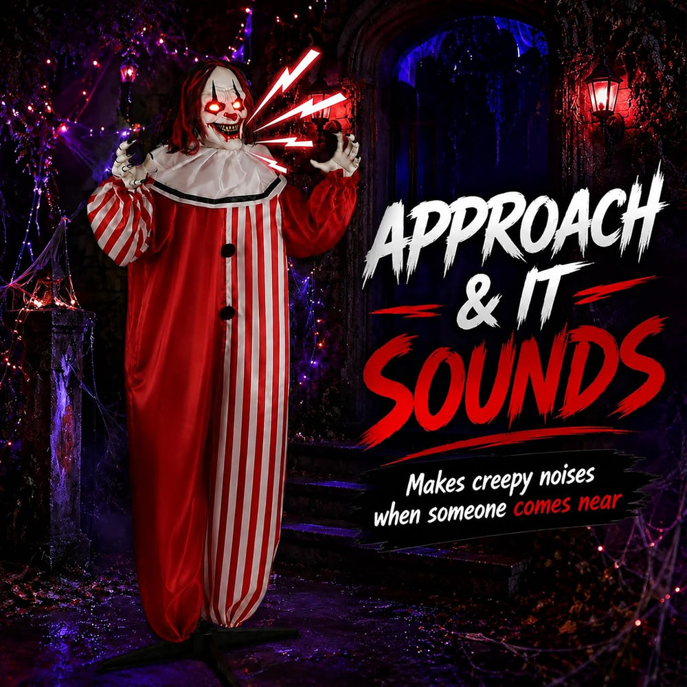 65" Halloween Decoration, Scary Animatronic Clown Prop w/LED Light-Up Ey...
