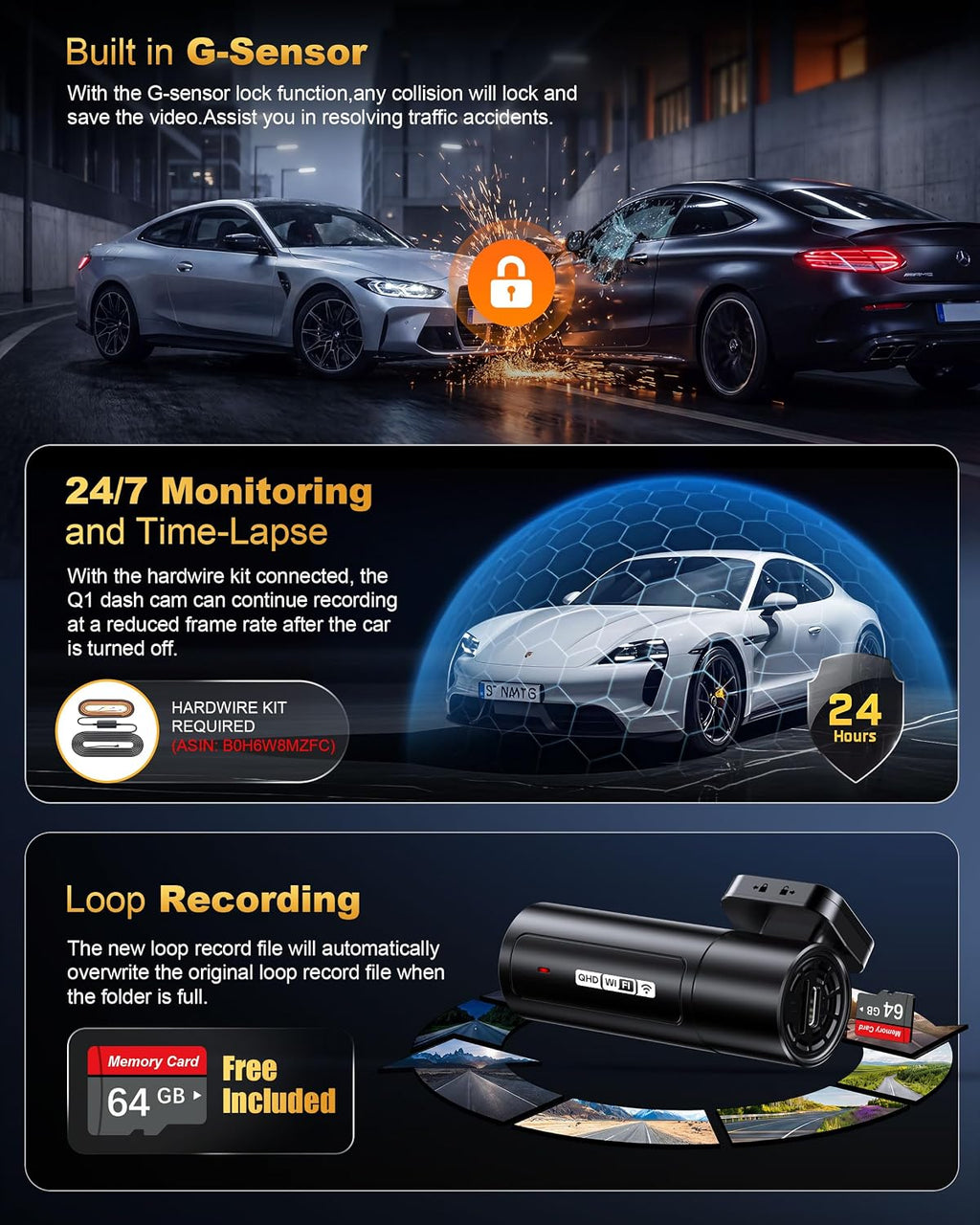 2.5k dash cam front, 64gb card included, mini, package contents