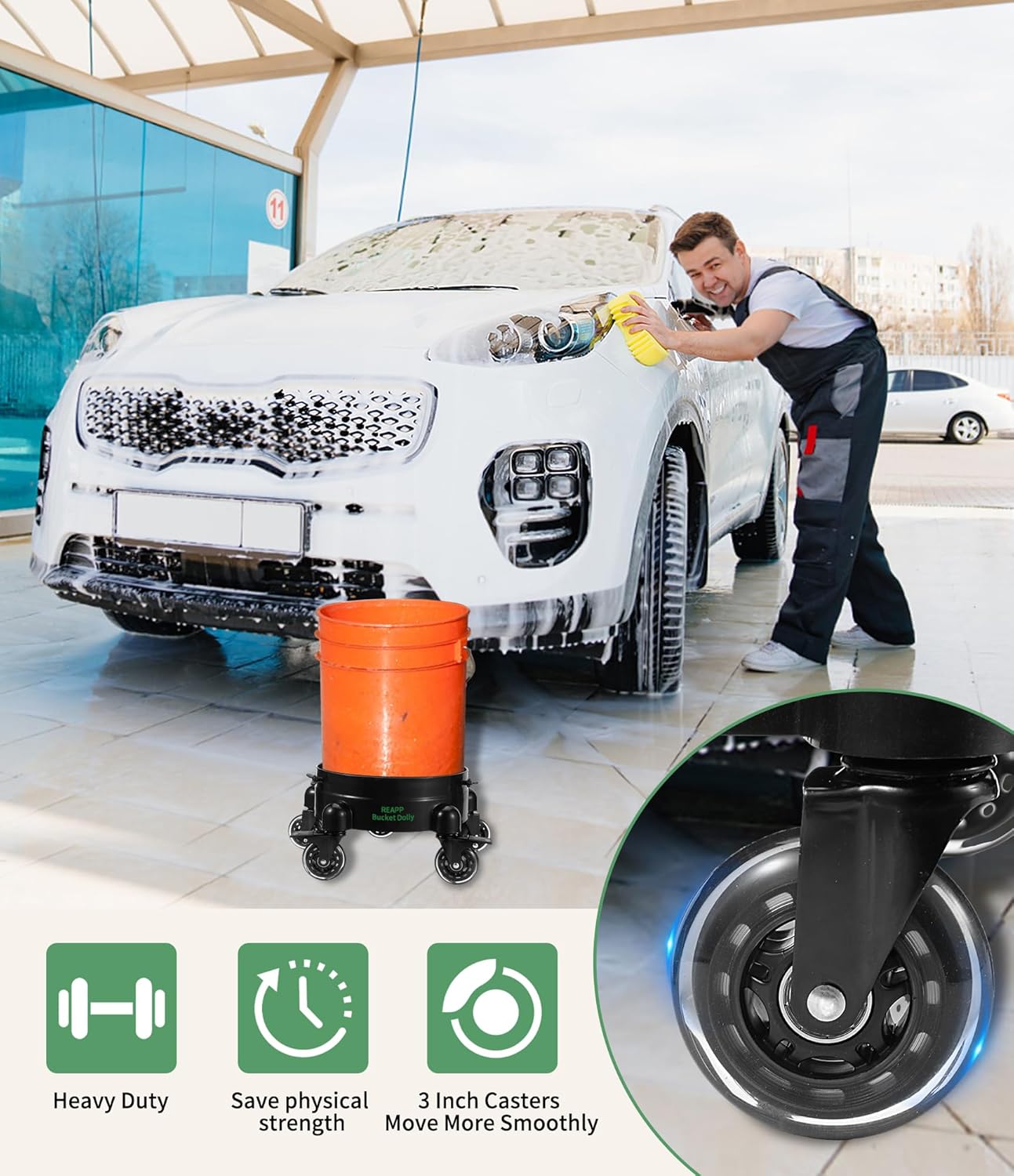 Bucket Dolly with Wheels,Heavy-Duty 360°Rolling Car Wash Bucket Dolly with 5 Wheels and 2 Locking Casters Compatible with 4, 5 and 6 Gallon Buckets (Black, 3''Casters Roller Wheels)