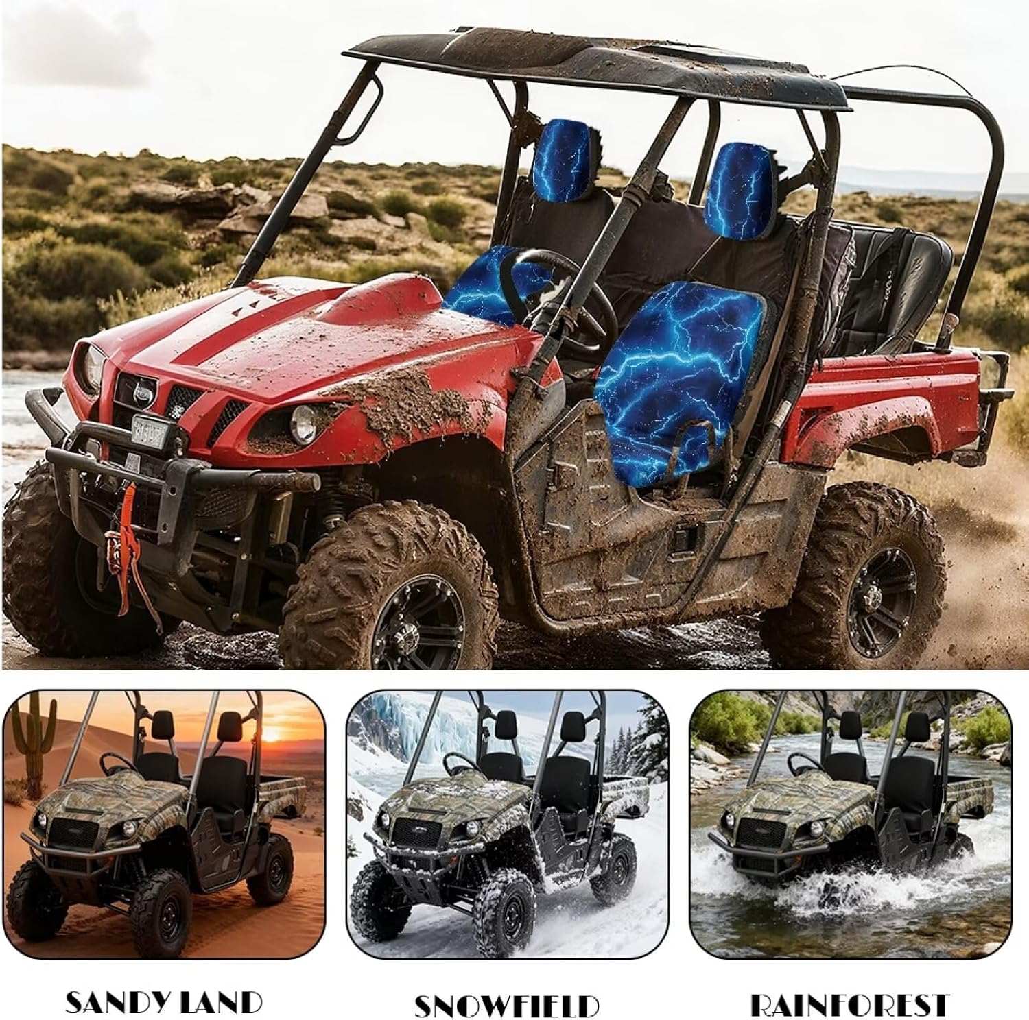 Howilath Lightning Print UTV Seat Covers for Rhino 450 660 700 4 Pack Heavy Duty with Headrest, Non-Slip Elastic Straps Machine Washable