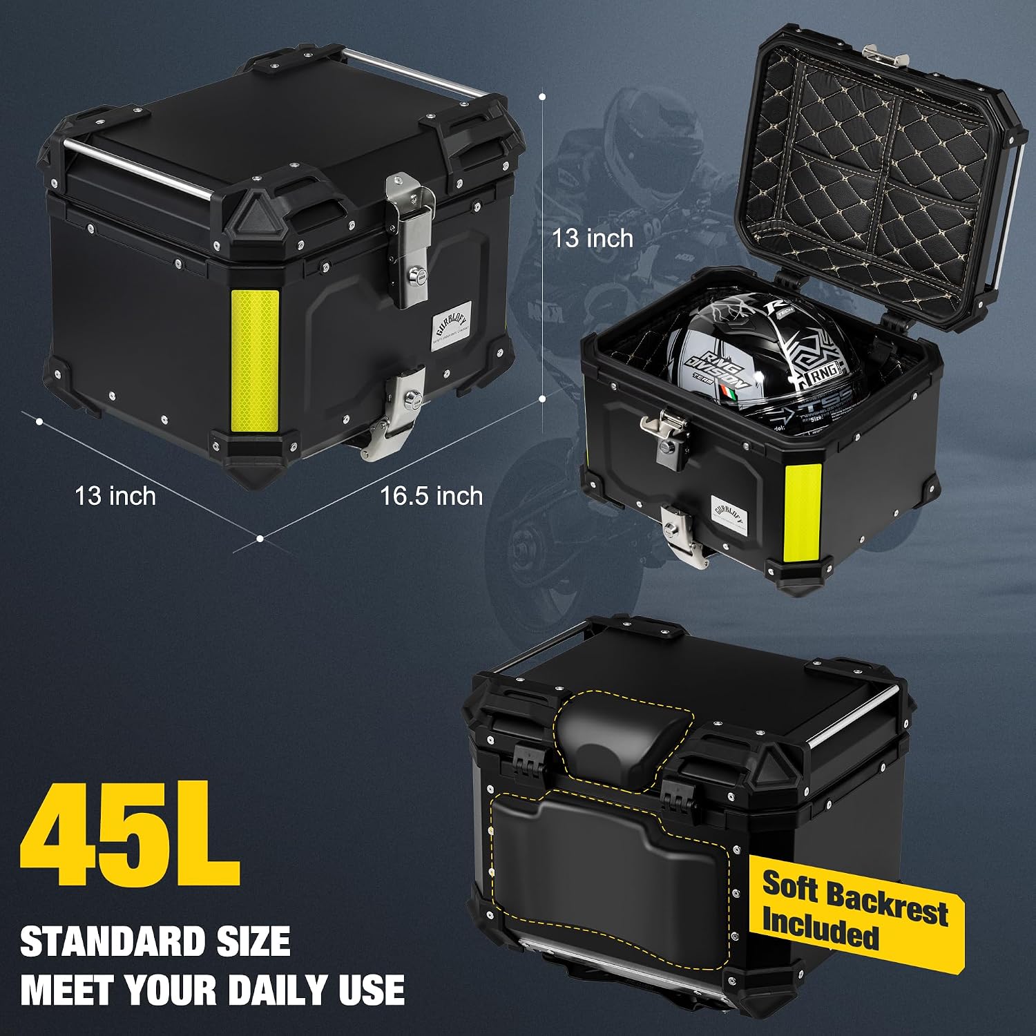 Motorcycle Top Case, 45L Aluminum Motorcycle Trunk, Tail Box Bag with Anti-Theft Lock System, Waterproof, Rustproof and Dustproof, Easy Installation with Universal Bracket, Black
