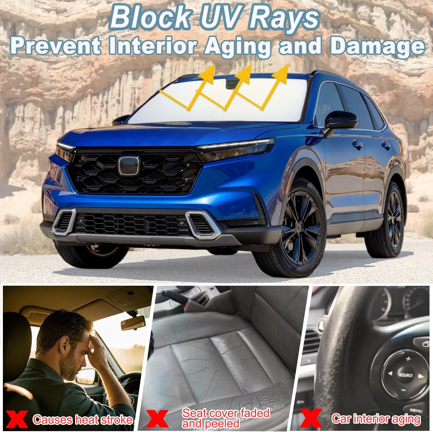 PIMCAR Windshield Sun Shade for Honda CRV 2023-2025 2026, Premium 310T Reflective Polyester UV Blocker, Lightweight Foldable Sun Visor with Storage Pouch