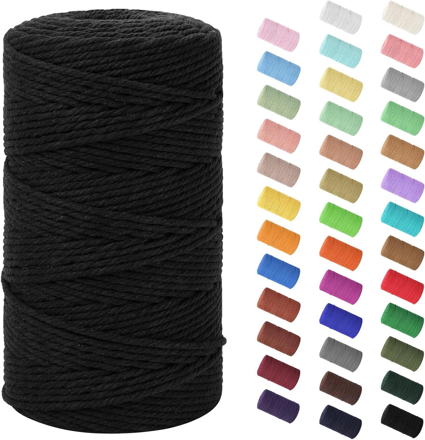 HOMEBOBO Macrame Cord 3mm x 220Yards (656Feet),Natural Cotton Macrame Rope - 4 Strands Twisted Macrame Cotton Cord for Wall Hanging,Plant Hangers,Crafts,Gift Wrapping and Wedding Decorations,Black
