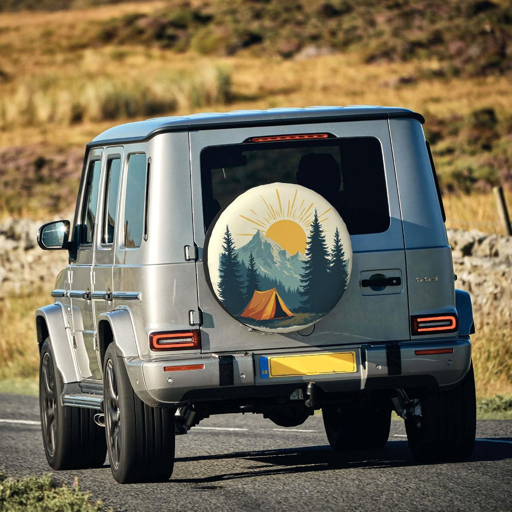 Mountain Camping Sunset Spare Tire Cover Universal Wheel Cover Waterproof Dust-Proof Tire Protector with Adjustable Buckle Strap for Trailer RV SUV All Vehicle 14 inch