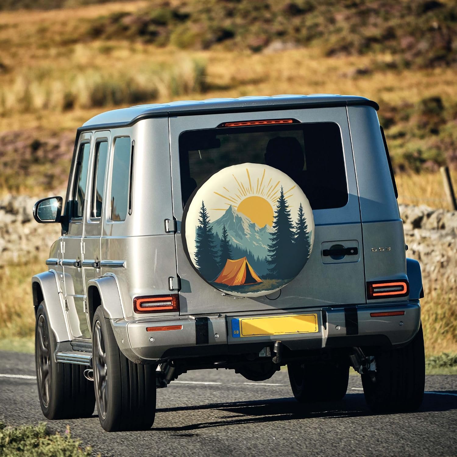 Mountain Camping Sunset Spare Tire Cover Universal Wheel Cover Waterproof Dust-Proof Tire Protector with Adjustable Buckle Strap for Trailer RV SUV All Vehicle 14 inch