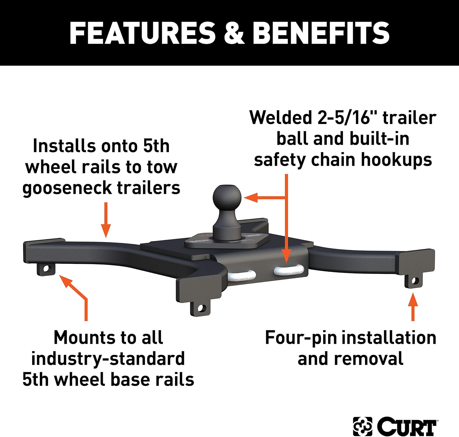 CURT 16085 Spyder 5th Wheel to Gooseneck Adapter Hitch, Fits Industry-Standard Rails, 25,000 lbs, 2-5/16-Inch Ball