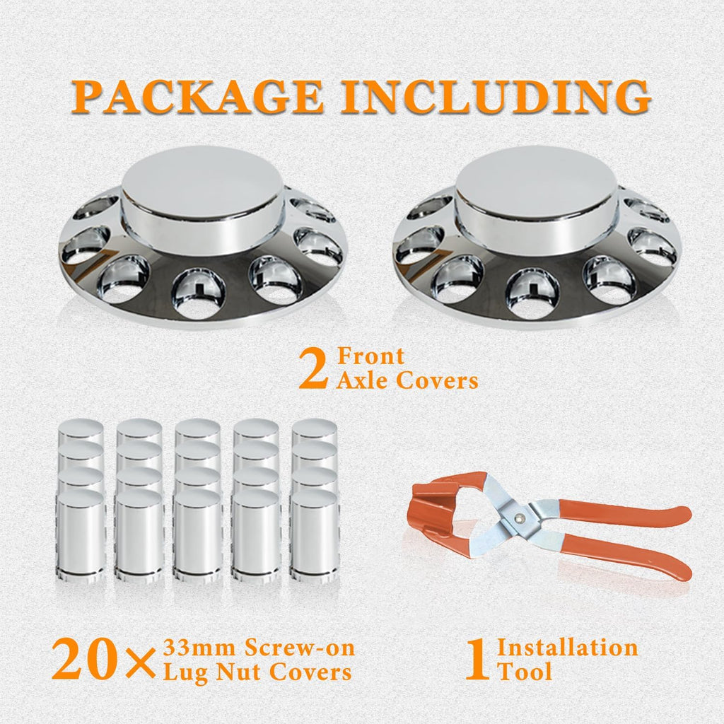 33mm Chrome ABS Flat Top Axle Cover Complete Set with Removable Hubcaps and Screw-on Plastic Lug Nut Covers for Semi Trucks (2 Front)