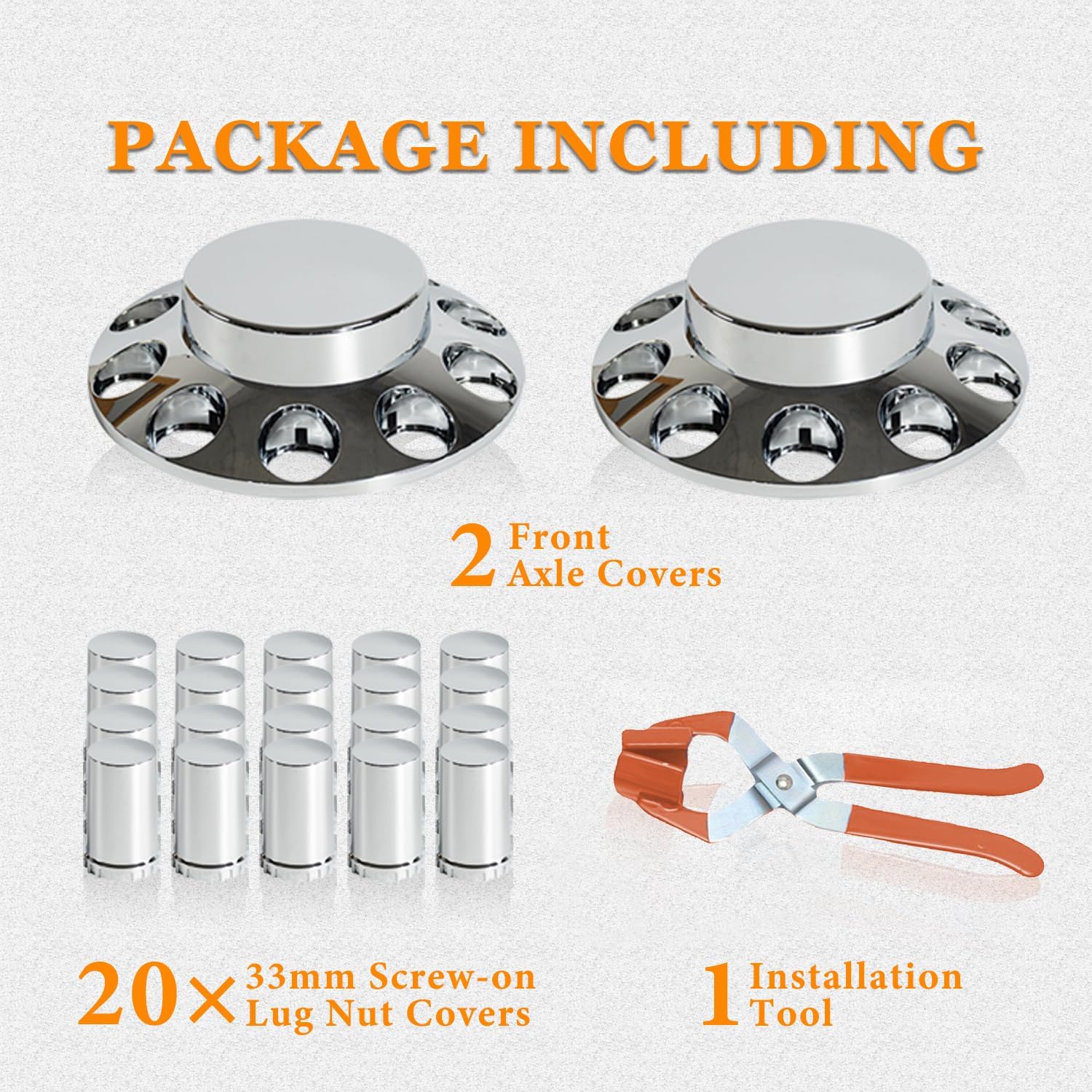 33mm Chrome ABS Flat Top Axle Cover Complete Set with Removable Hubcaps and Screw-on Plastic Lug Nut Covers for Semi Trucks (2 Front)