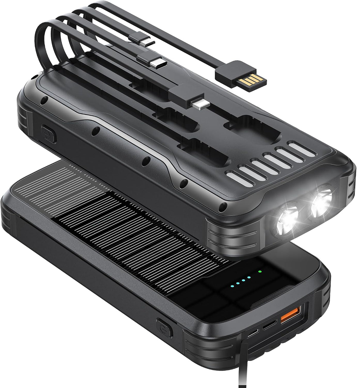 Solar Charger Power Bank, 40000mAh Portable Phone Charger Built in 4 Cables