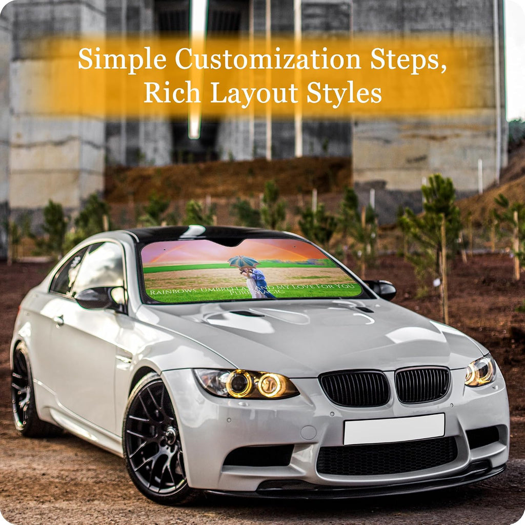 Custom Car Windshield Sun Shade Personalized Sun Visor with 1-4 Photo Design Your Own Photo Logo Text Foldable Reflective Sun Visor UV Rays Protector for Sedans SUV Trucks (1 Photo, M)