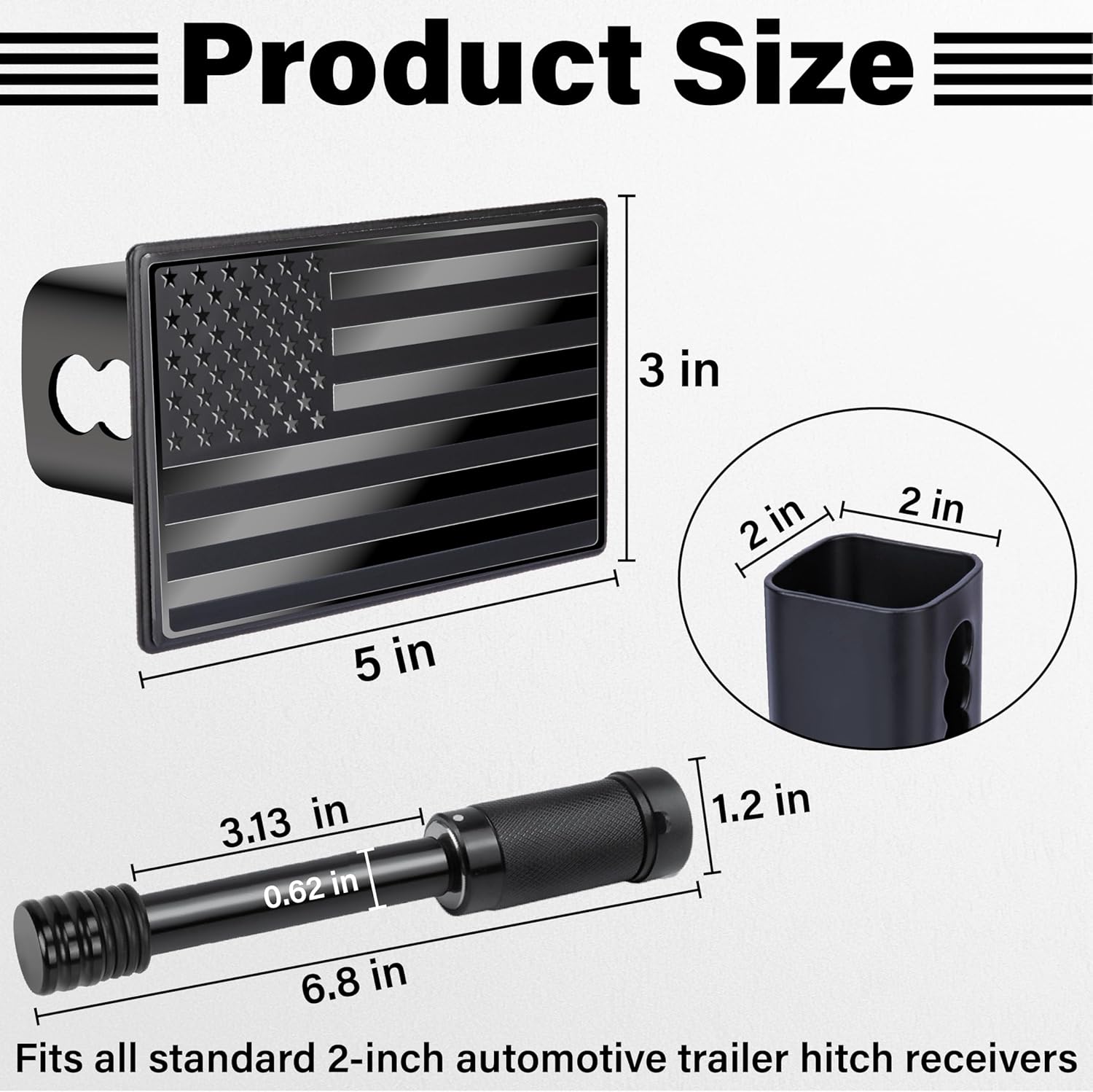 BFXM 2 Inch Trailer Hitch Cover, American Flag Stainless Steel Metal Hitch Cover with 5/8 Inches Pin Diameter Trailer Hitch Lock, Trailer Plug Receiver and Tow Cap for Truck Accessories